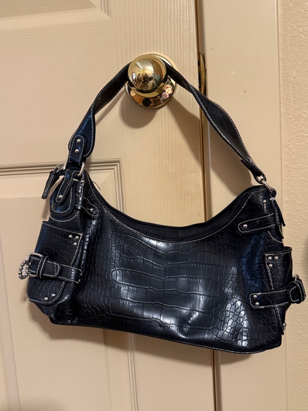 Ana Black Croc-Embossed Shoulder Bag